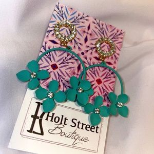 Teal Metal Flower Hoop Earrings